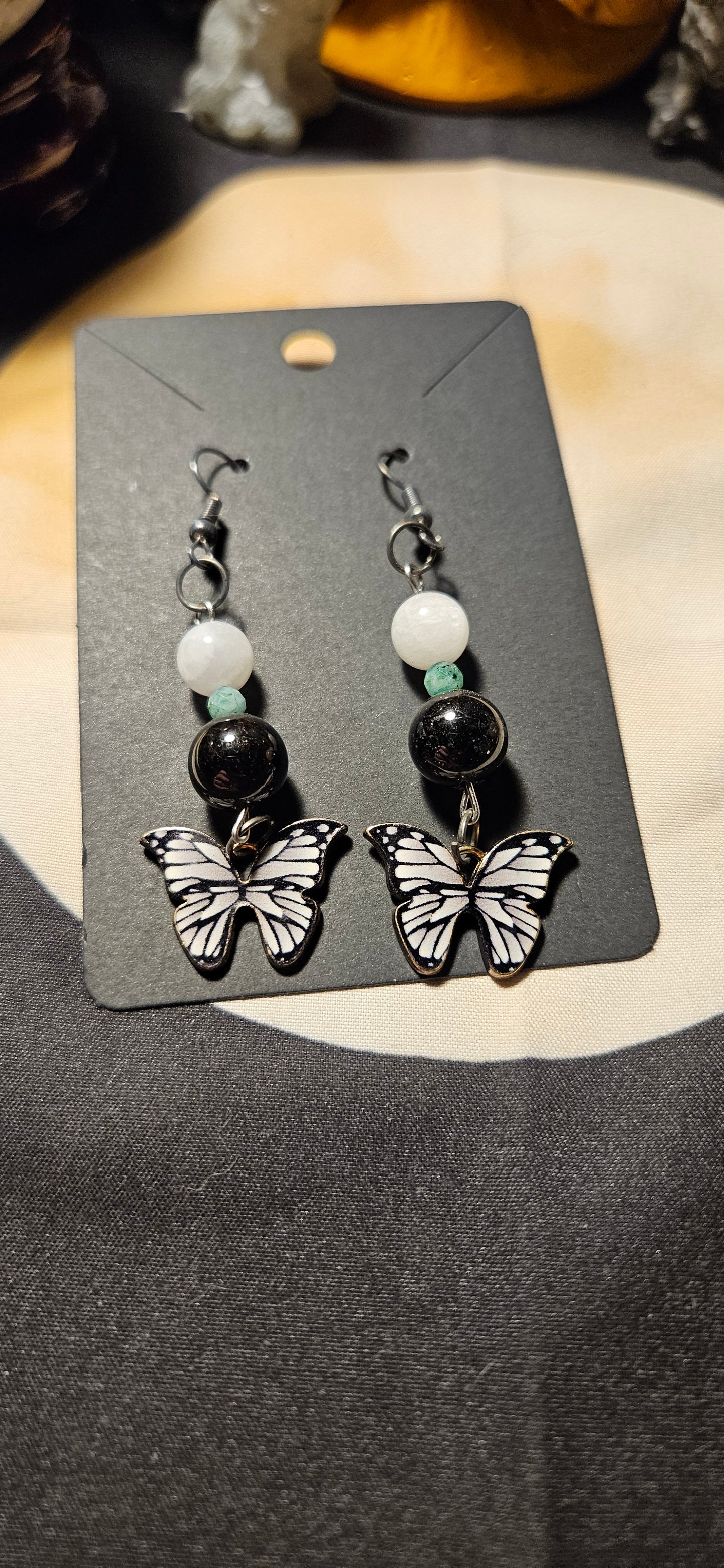 Rose Quartz, Black Onyx Butterfly Earrings