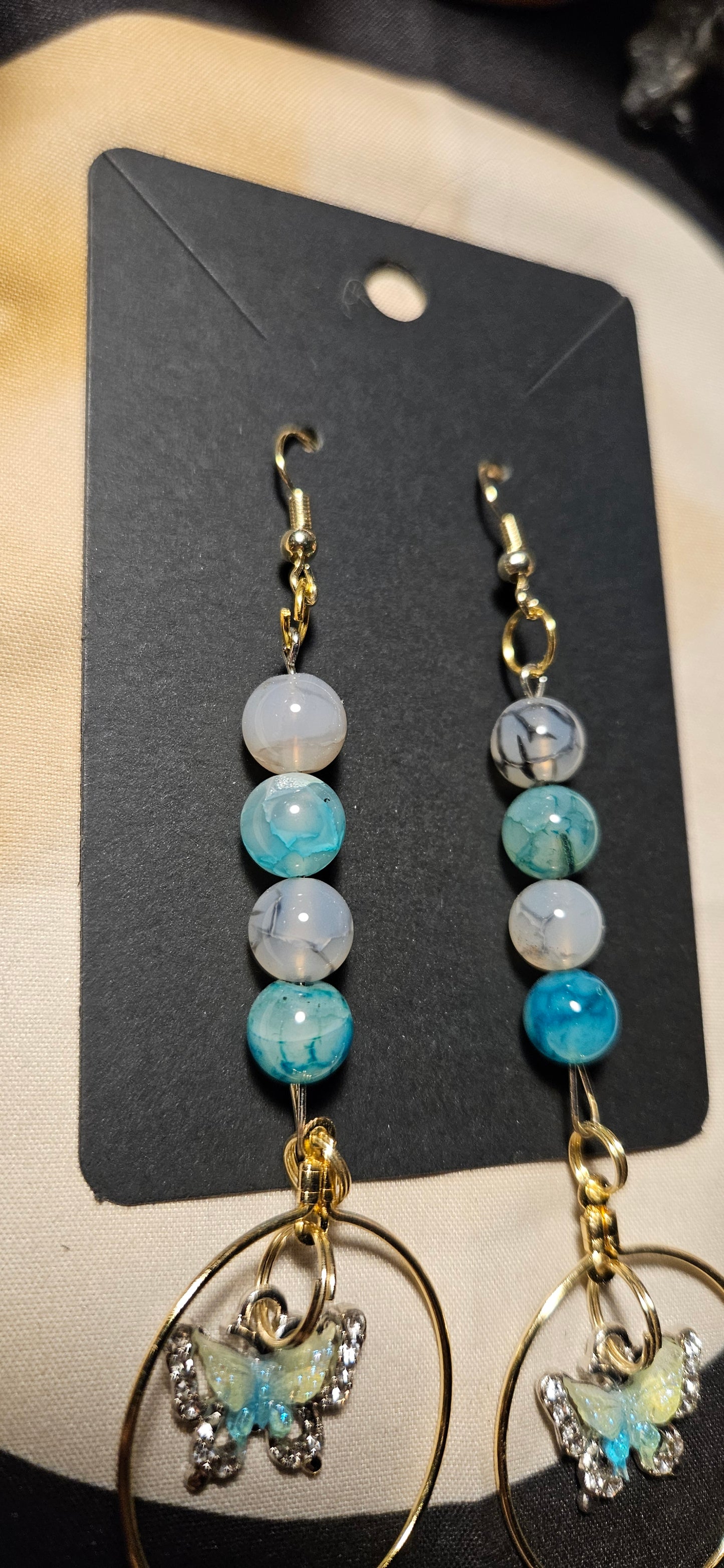 Black and Green Dragon Agate butterfly hoop earrings