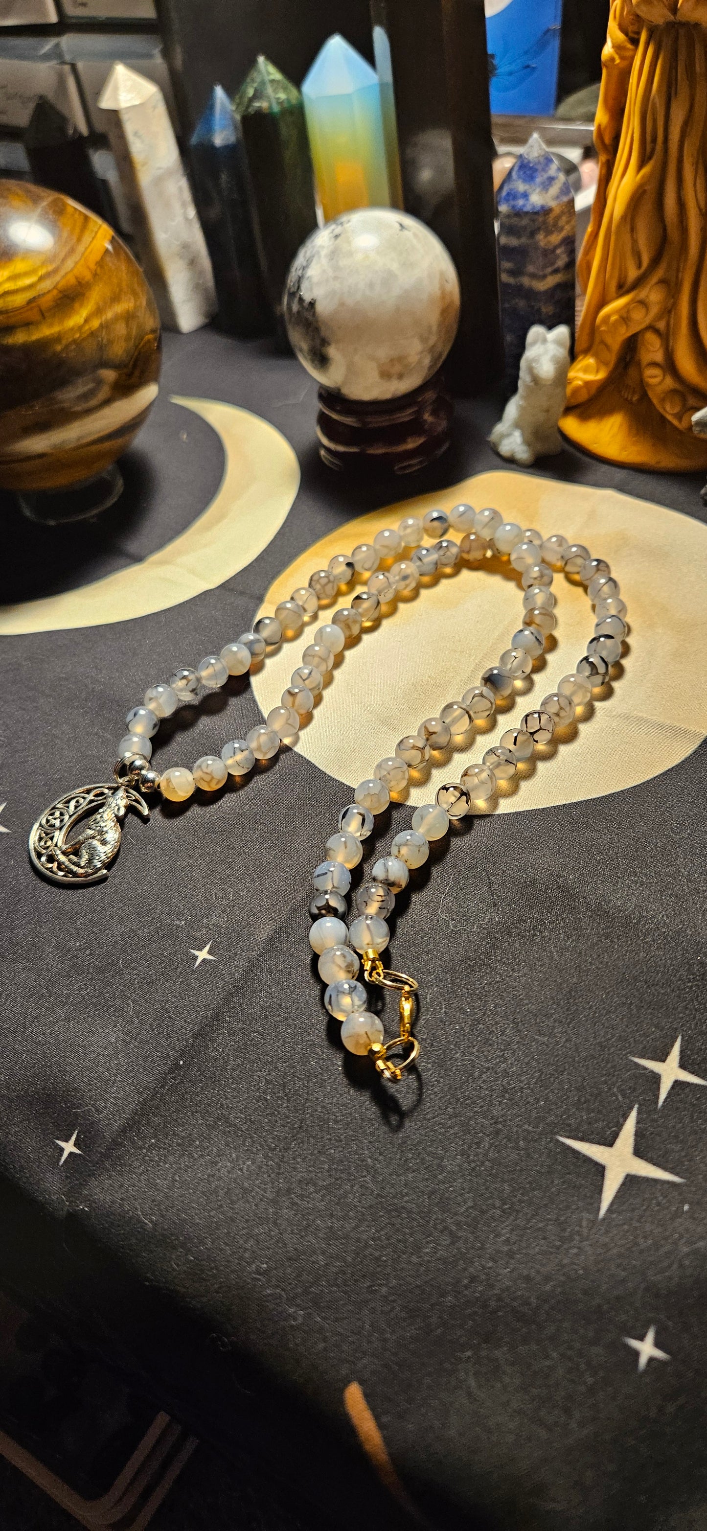 Black Dragon Agate with Wolf Pendant