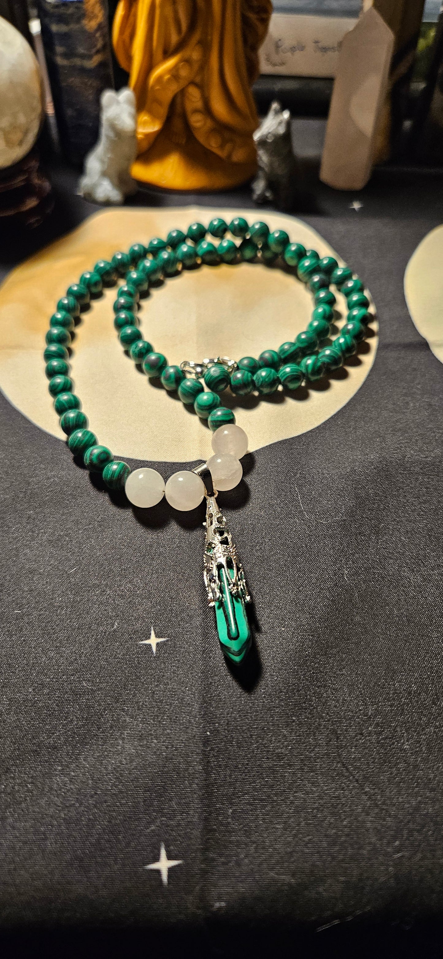 Malachite and Rose Quartz with Malachite pendant necklace