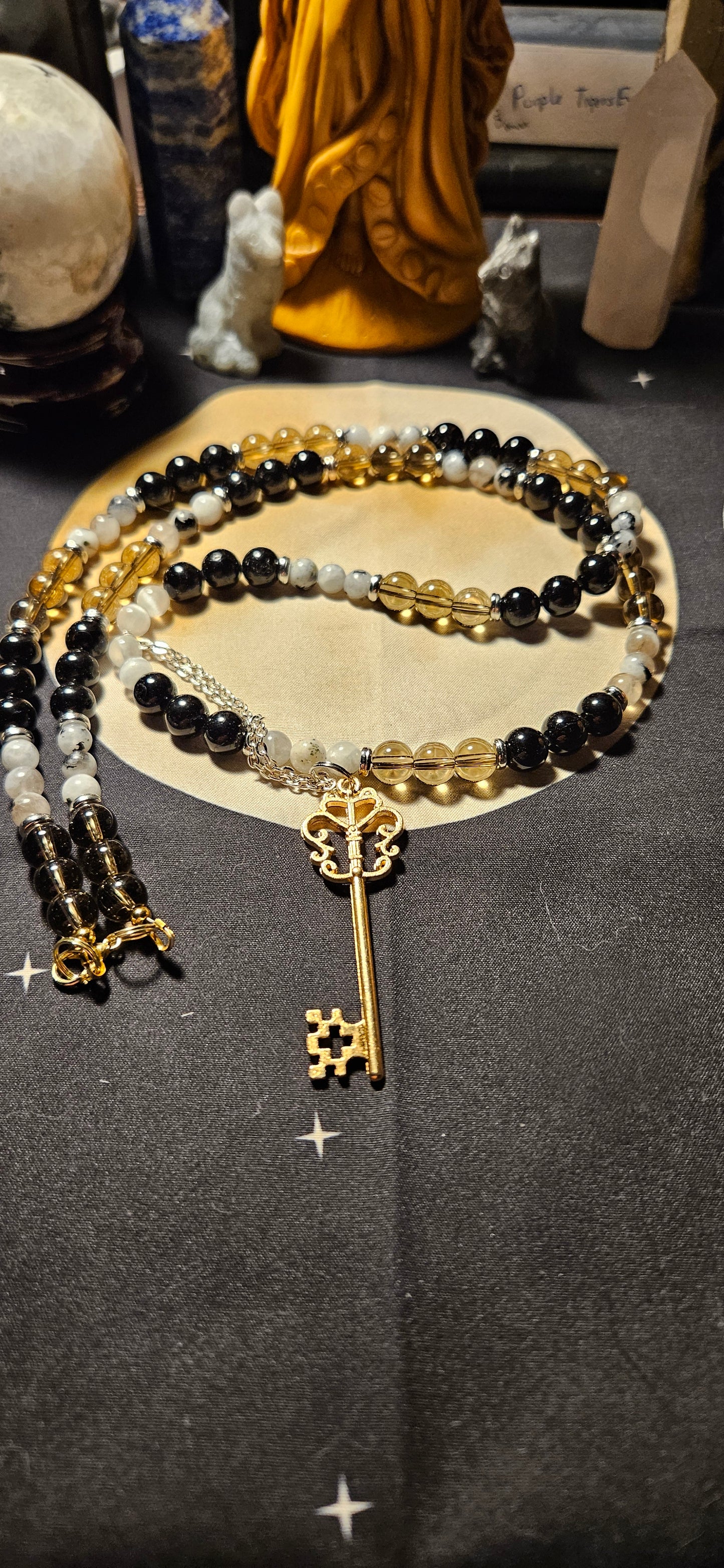 Smoky Quartz, Obsidian, Moonstone with old key charm necklace