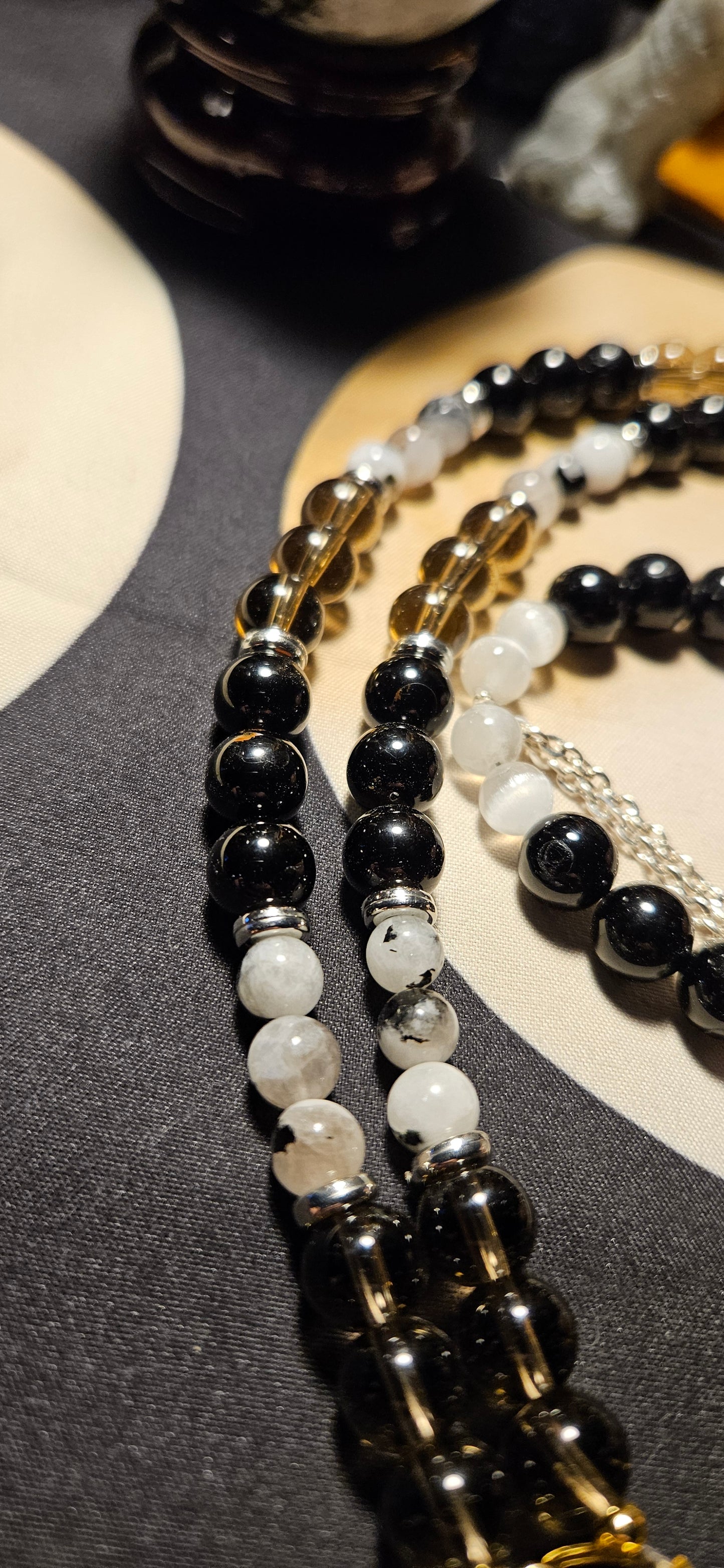 Smoky Quartz, Obsidian, Moonstone with old key charm necklace