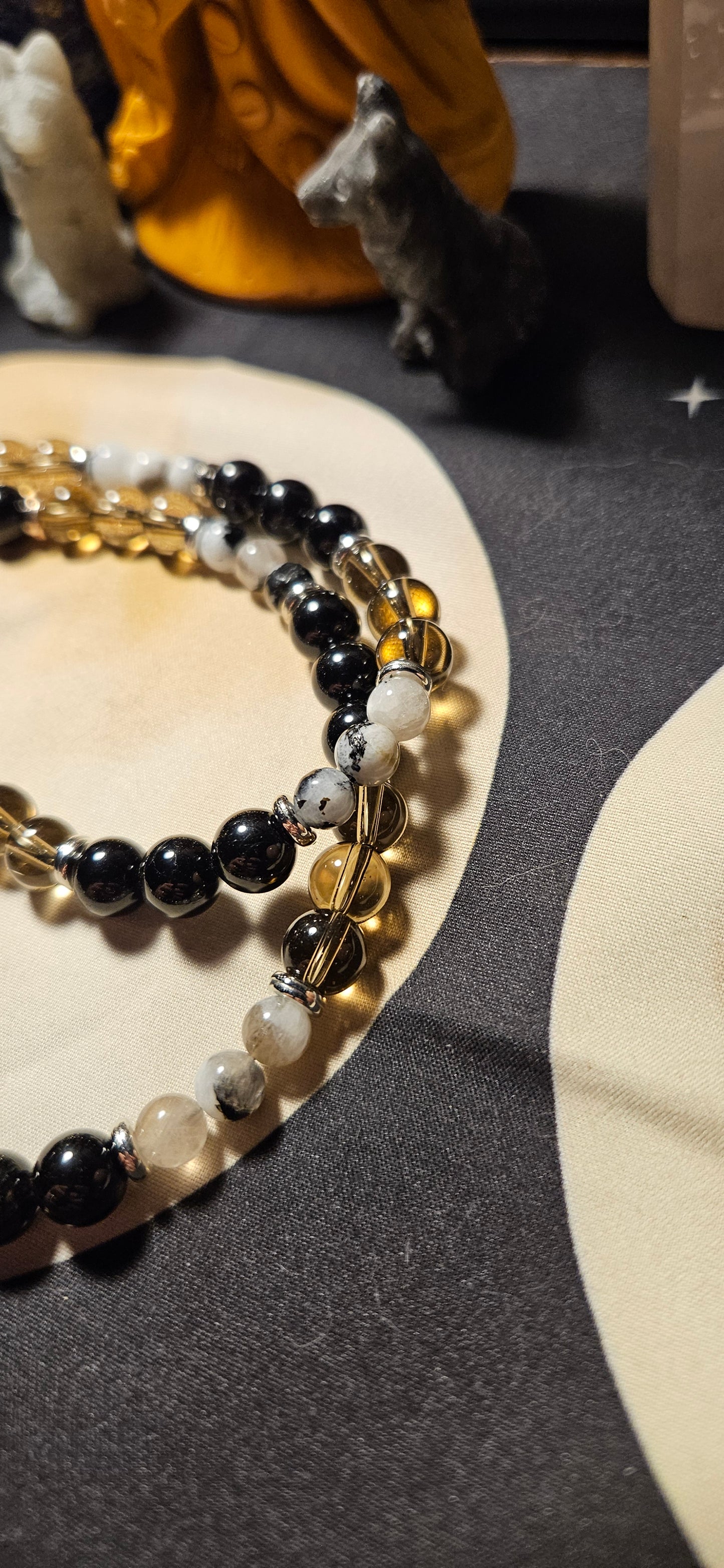 Smoky Quartz, Obsidian, Moonstone with old key charm necklace