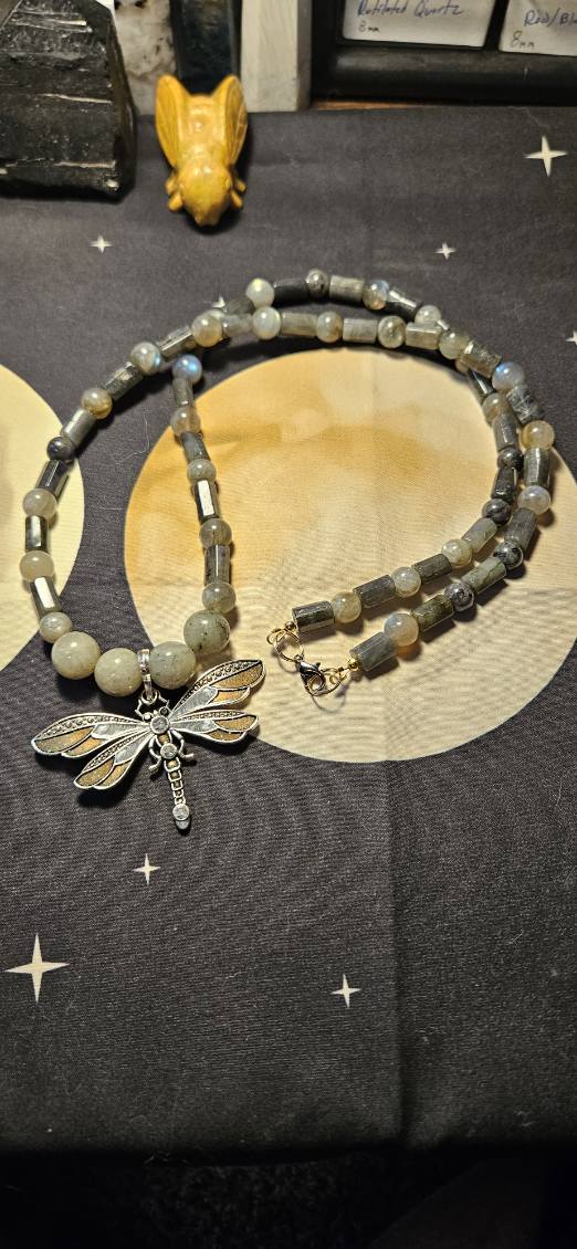 Labradorite Necklace with Dragonfly Pendant Charm