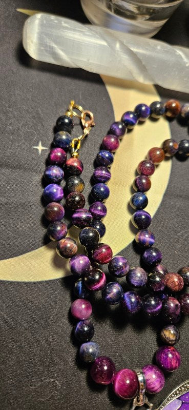 Galaxy Tiger's Eye necklace with Purple Dragonfly pendant