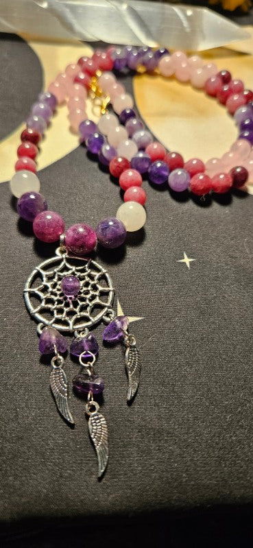 Rose Quartz, Lepidolite, Amethyst necklace with Amethyst Dreamcatcher