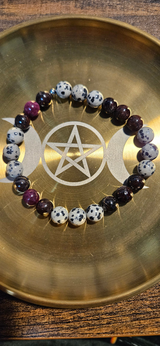 Garnet & Dalmatian Jasper Bracelet 8mm beads for Strength & Joy