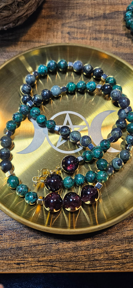 Serpentine, Kambaba Jasper & Garnet Necklace 22" Grounding • Ancient Power • Vital Strength