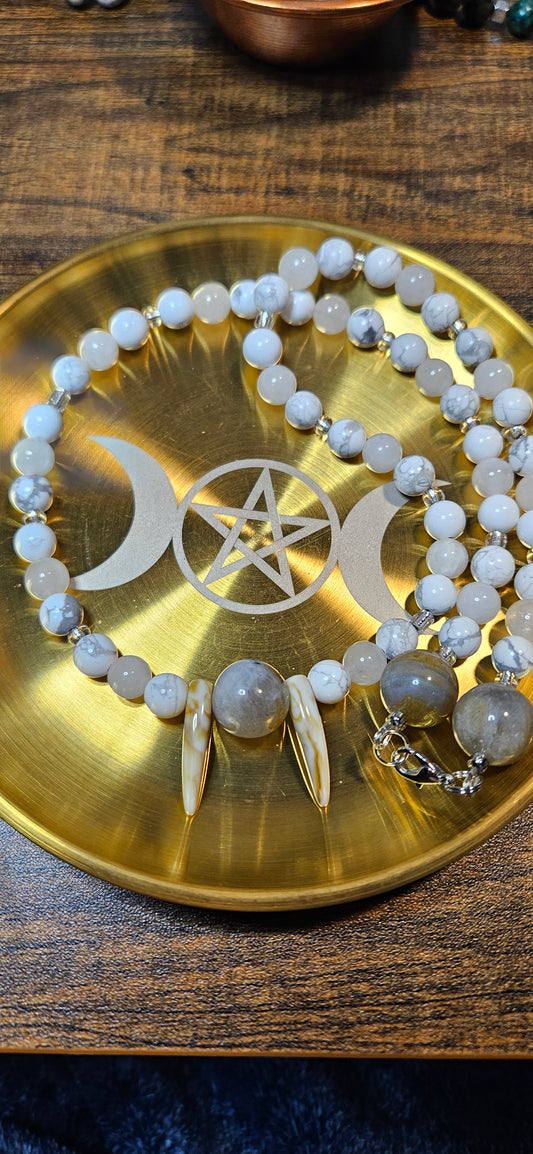 Labradorite Moonstone Howlite Wolf Fang Necklace – 21.5" Mystic Jewelry