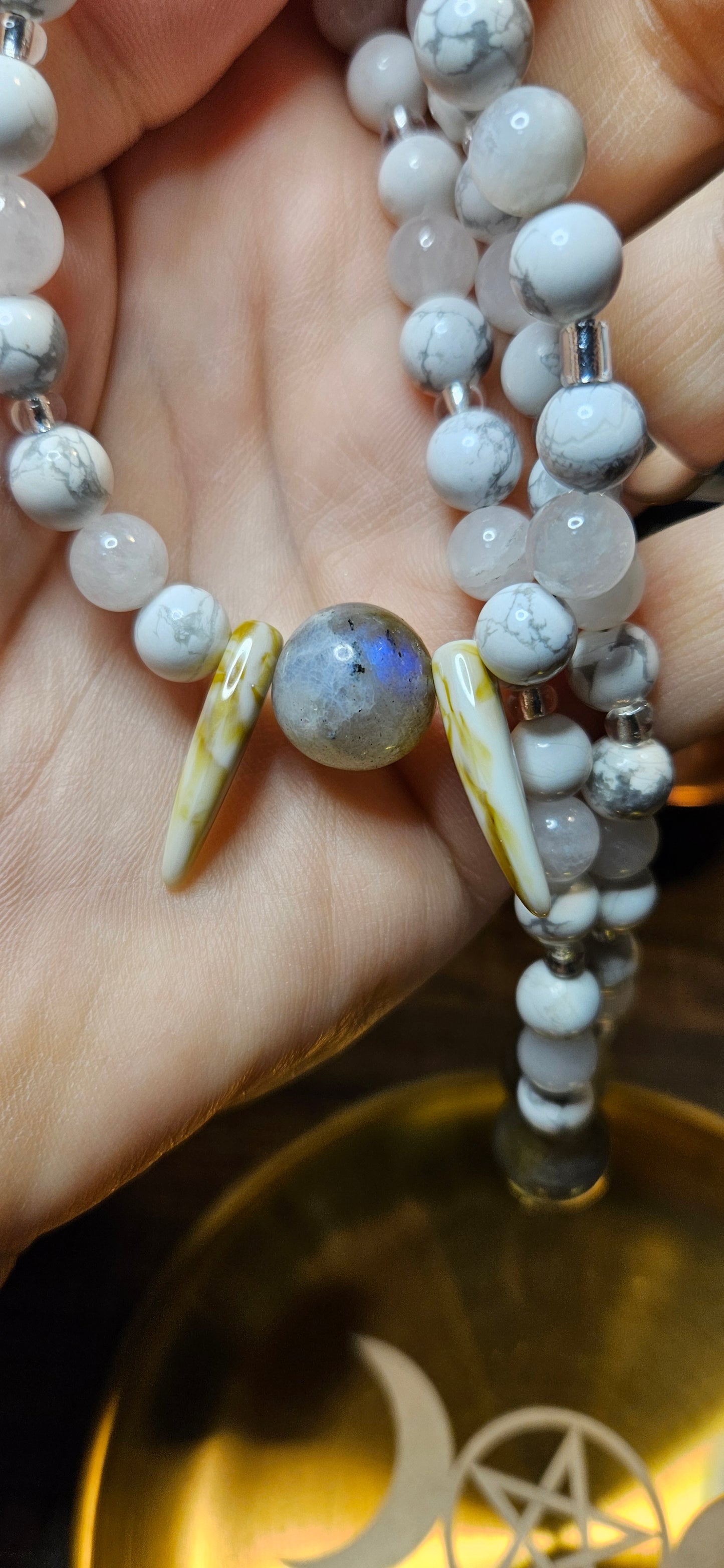 Labradorite Moonstone Howlite Wolf Fang Necklace – 21.5" Mystic Jewelry