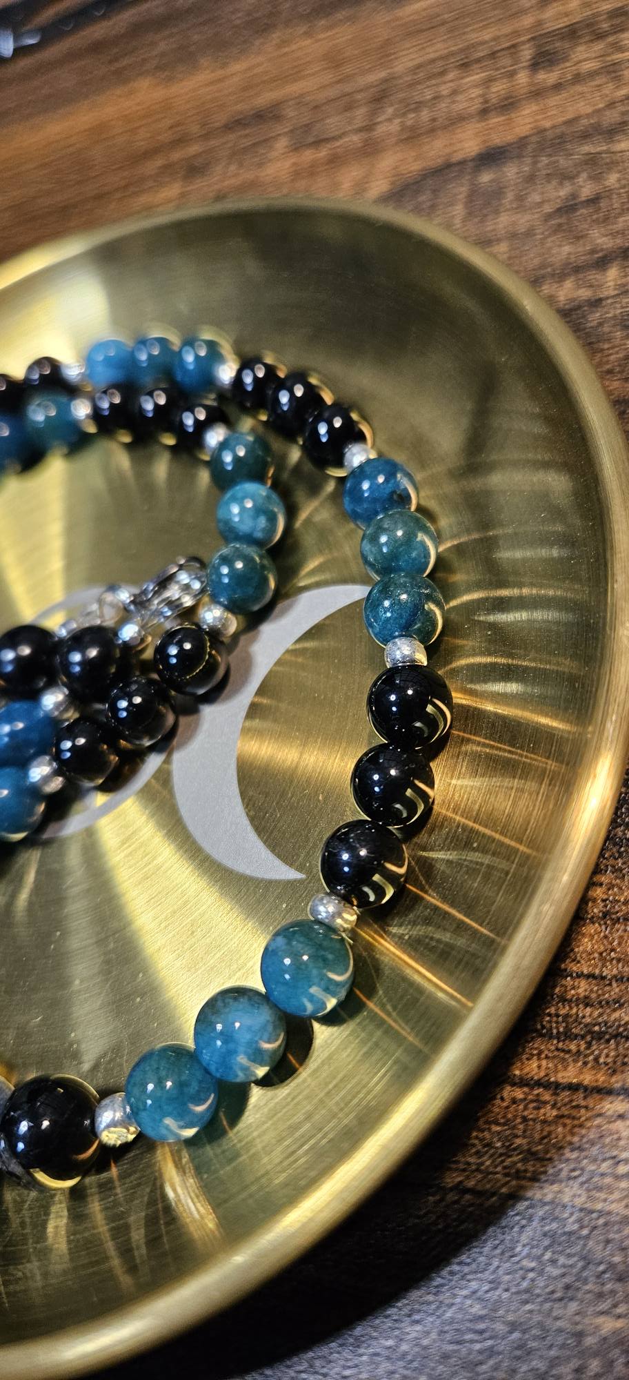 Blue Apatite and Black Tourmaline necklace with Black Tourmaline pendant. Protective and grounding crystal jewelry.