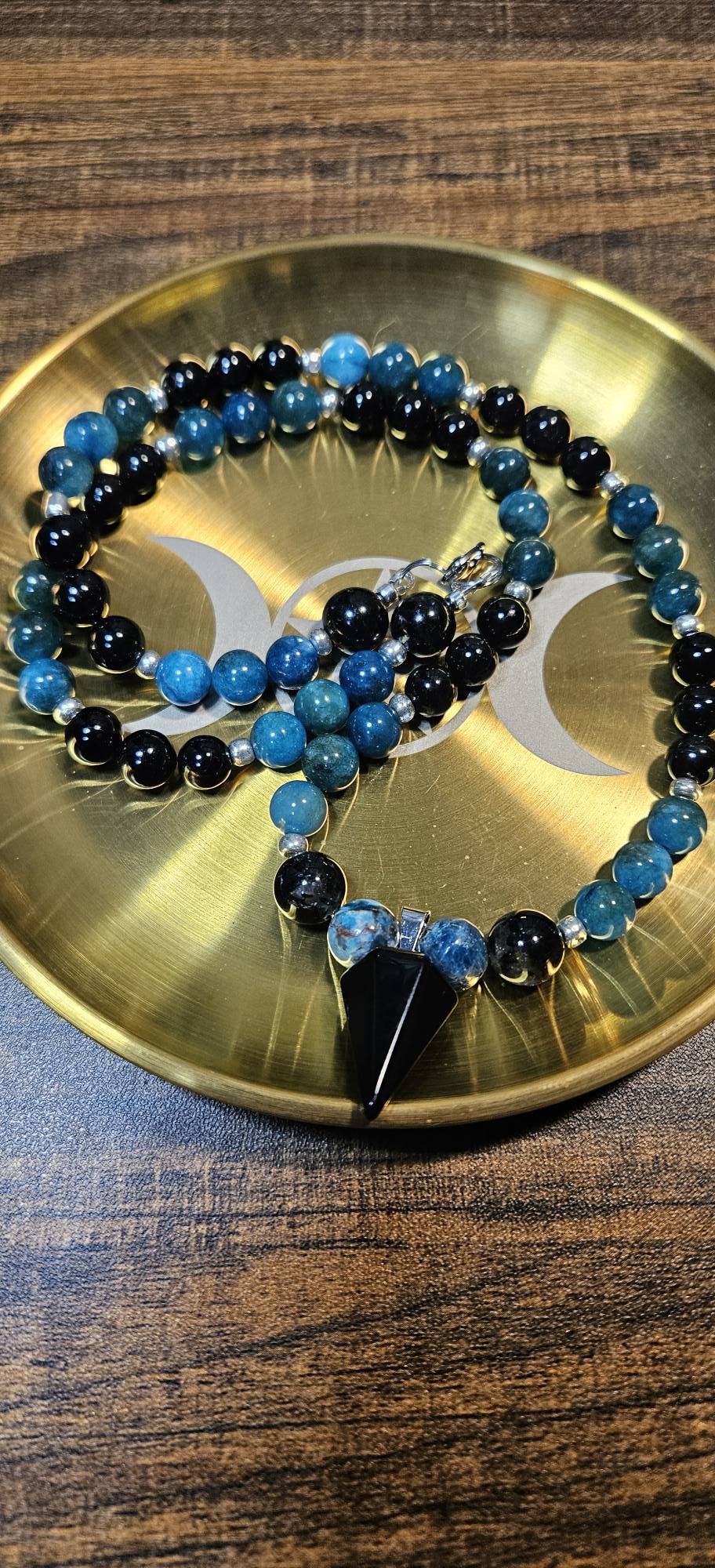 Blue Apatite and Black Tourmaline necklace with Black Tourmaline pendant. Protective and grounding crystal jewelry.