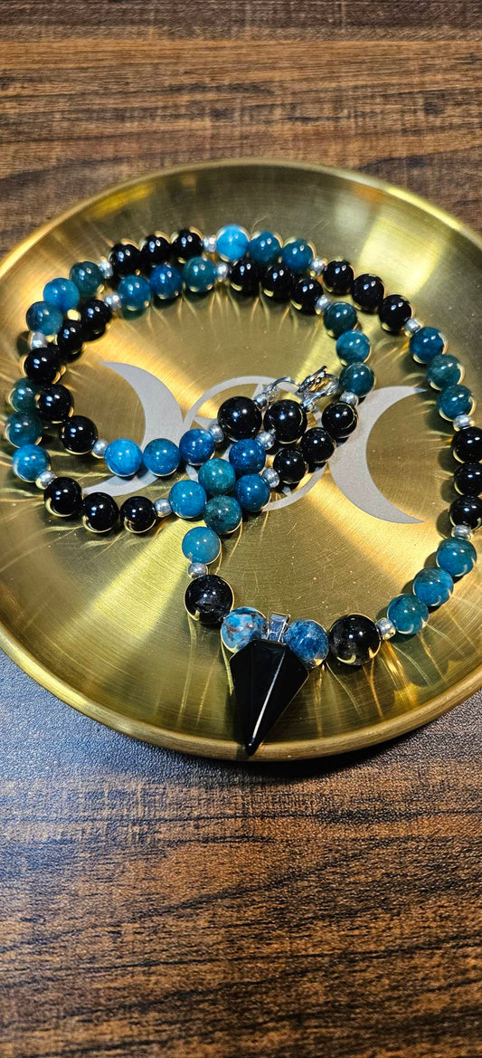 Blue Apatite and Black Tourmaline necklace with Black Tourmaline pendant. Protective and grounding crystal jewelry.