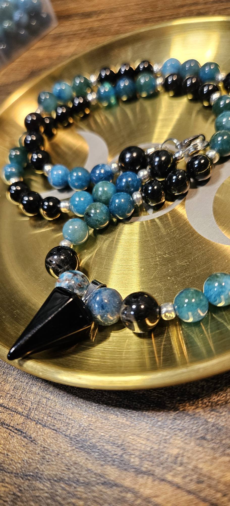 Blue Apatite and Black Tourmaline necklace with Black Tourmaline pendant. Protective and grounding crystal jewelry.