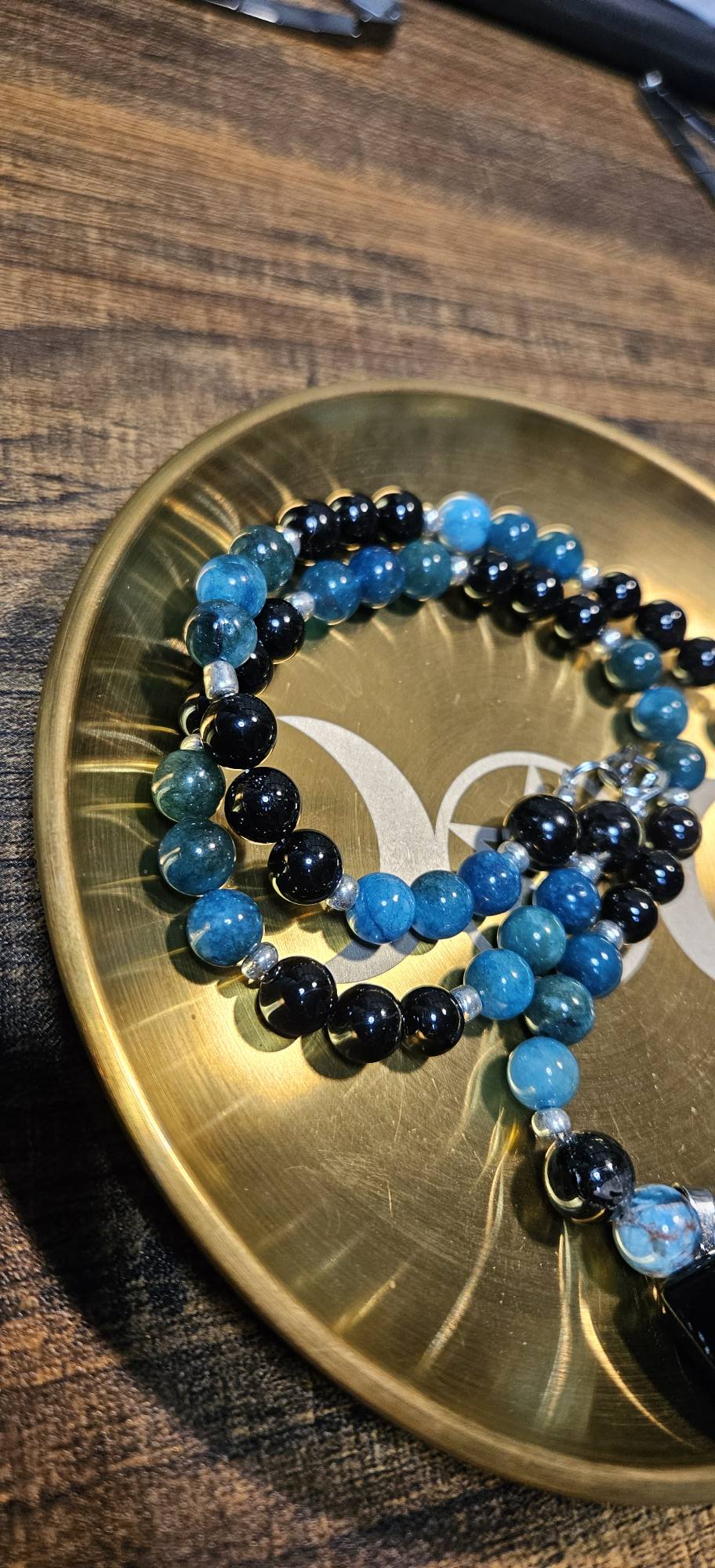 Blue Apatite and Black Tourmaline necklace with Black Tourmaline pendant. Protective and grounding crystal jewelry.