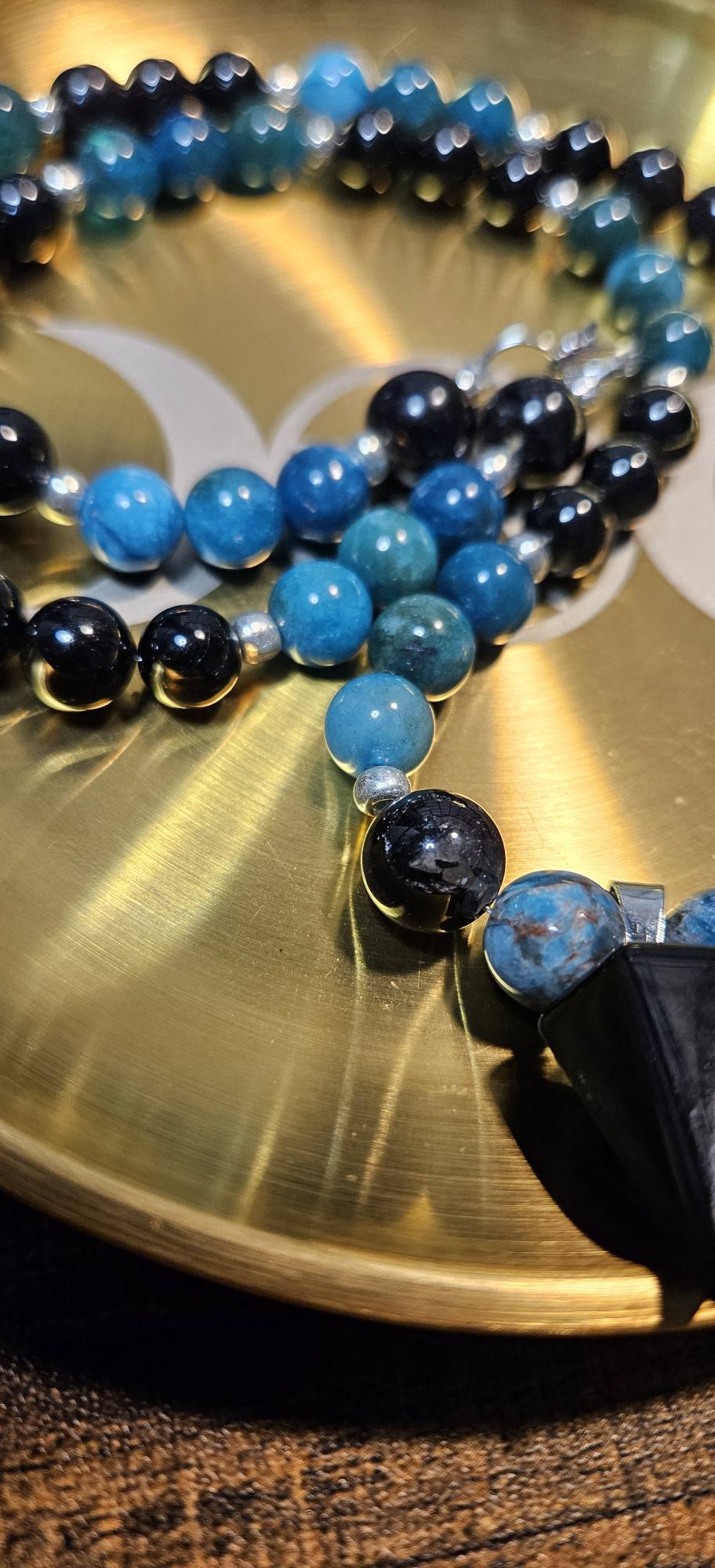Blue Apatite and Black Tourmaline necklace with Black Tourmaline pendant. Protective and grounding crystal jewelry.