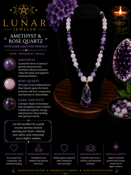 Amethyst & Rose Quartz Beaded Necklace with Dark Amethyst Pendant – 22" Steel Wire Necklace