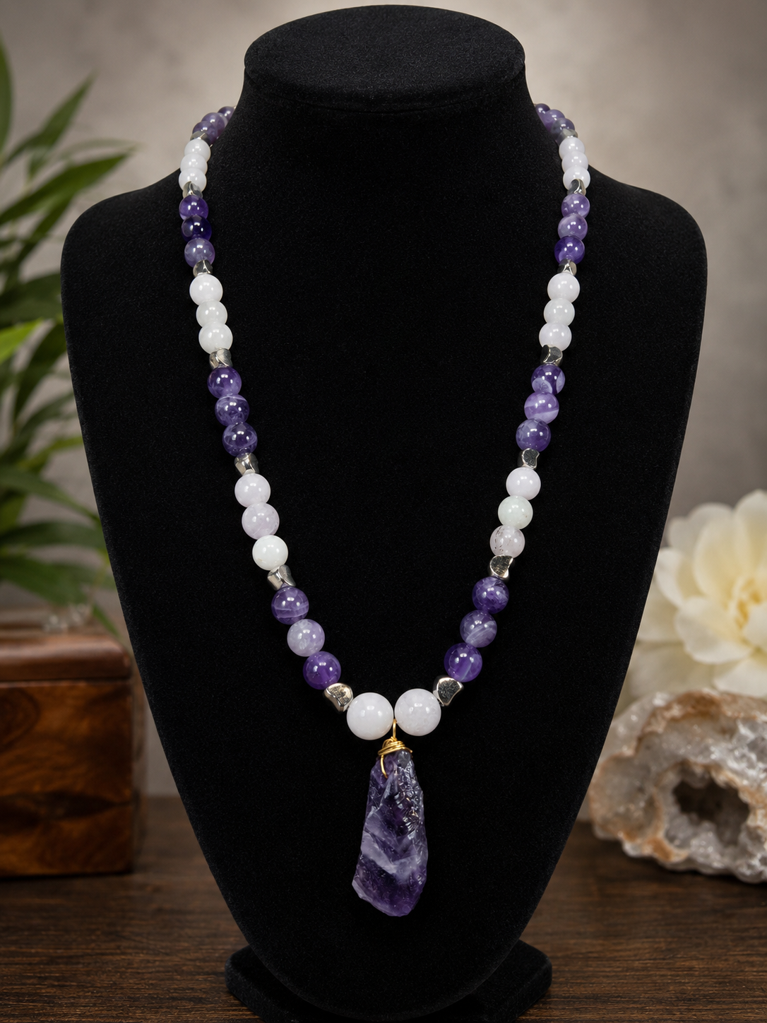 Amethyst & Rose Quartz Beaded Necklace with Dark Amethyst Pendant – 22