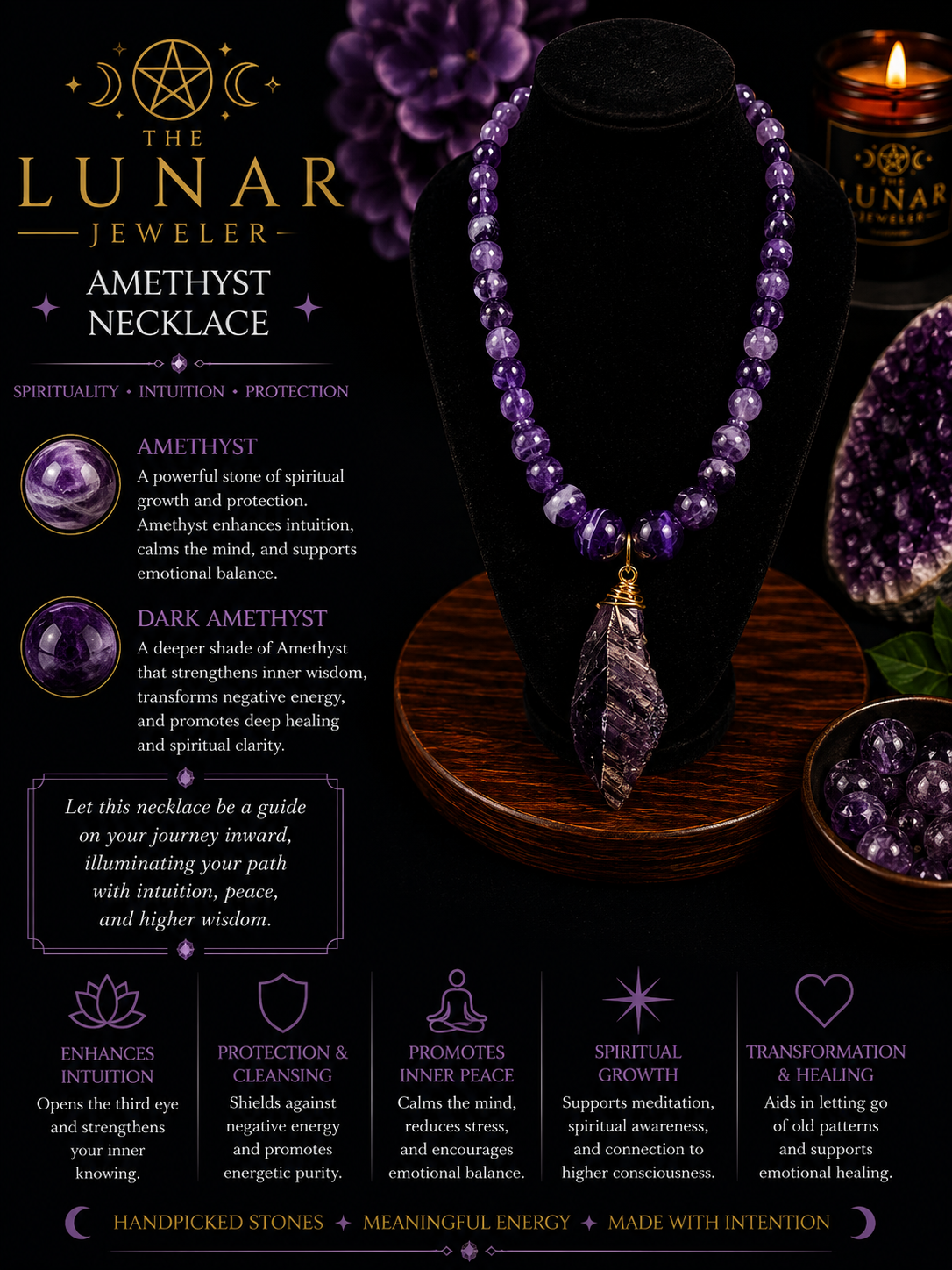 Amethyst Beaded Necklace with Dark Amethyst Pendant – 22" Steel Wire Necklace