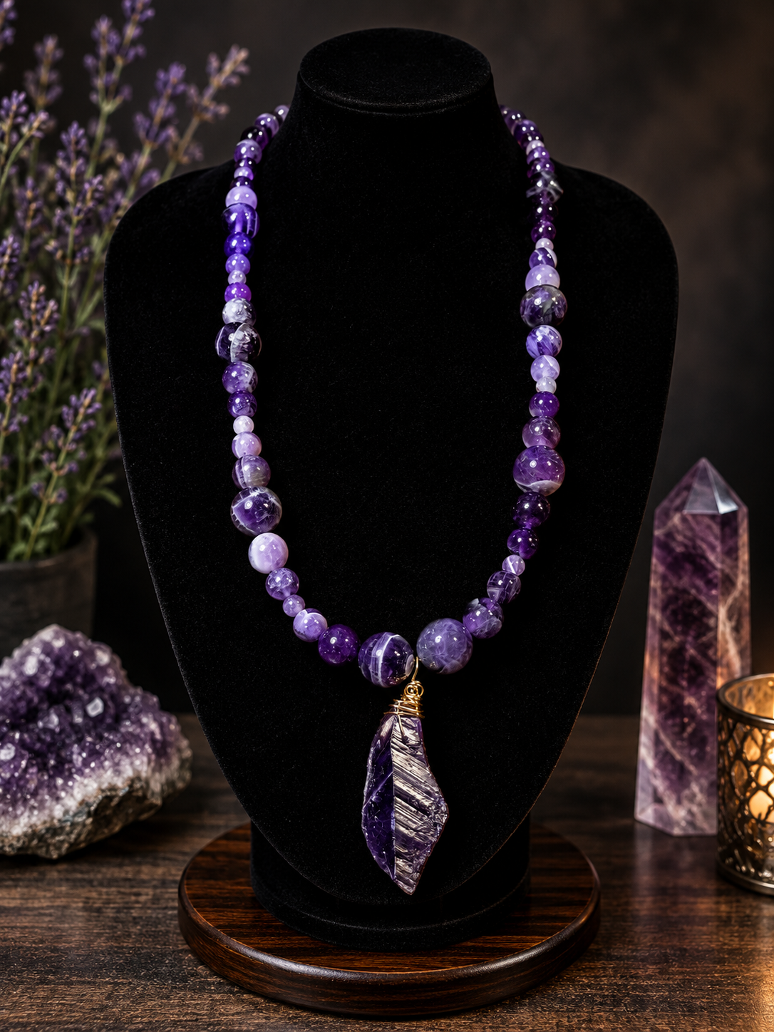 Amethyst Beaded Necklace with Dark Amethyst Pendant – 22" Steel Wire Necklace