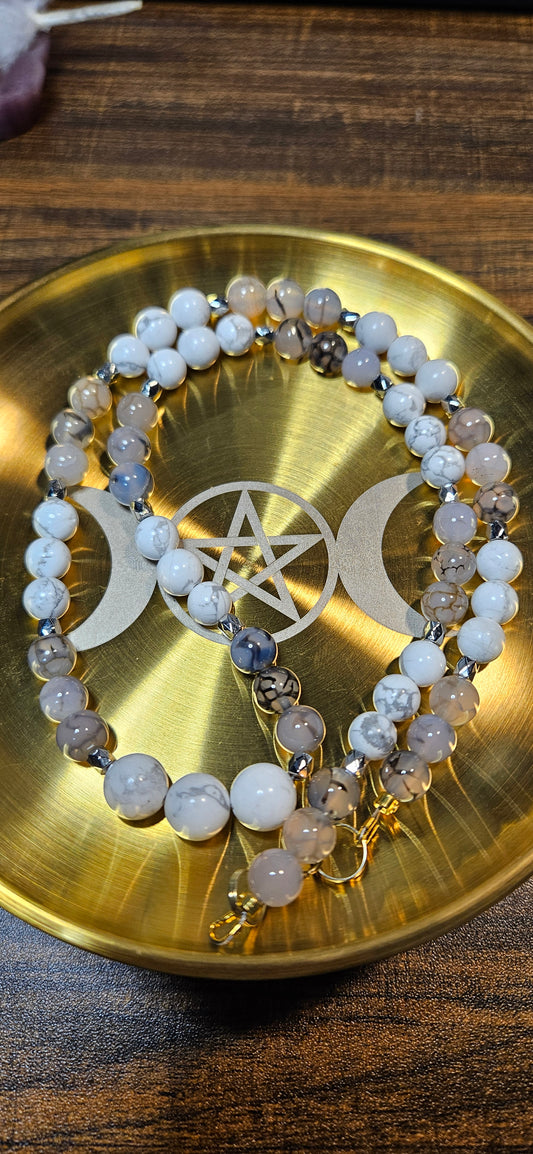 Black Dragon Agate & White Howlite Necklace – 21" Grounding Jewelry