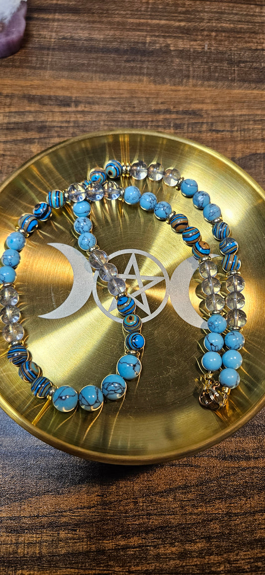 Blue Topaz, Blue Howlite & Blue Malachite Necklace – 21" Blue Gemstone Jewelry