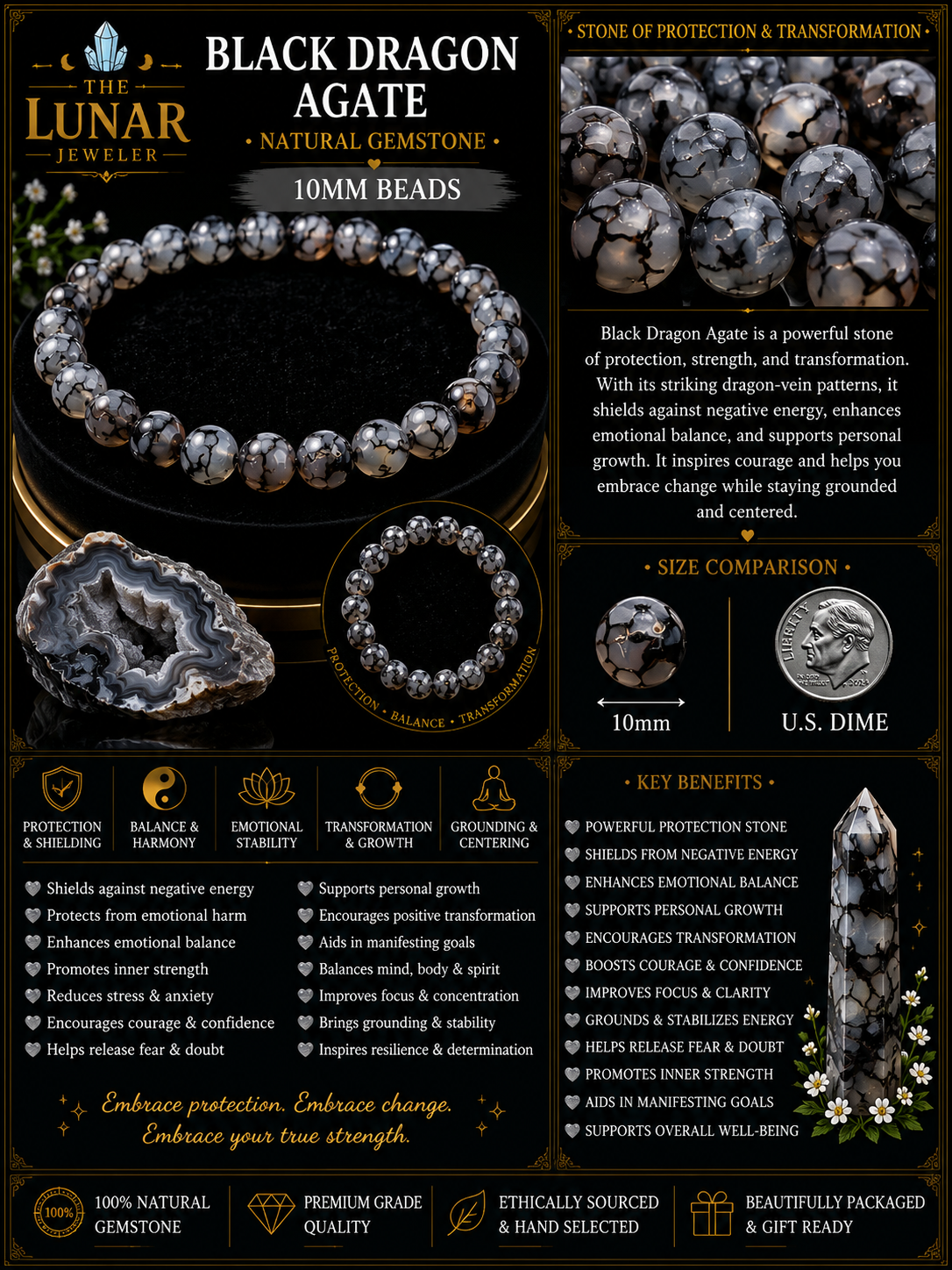 Black Dragon Agate Bracelet – 7.5