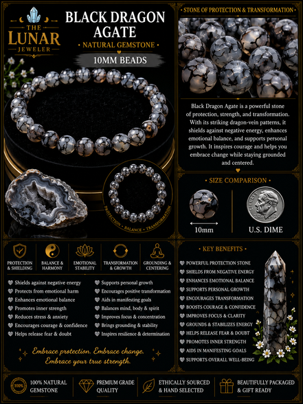 Black Dragon Agate Bracelet – 7.5" Elastic Bracelet