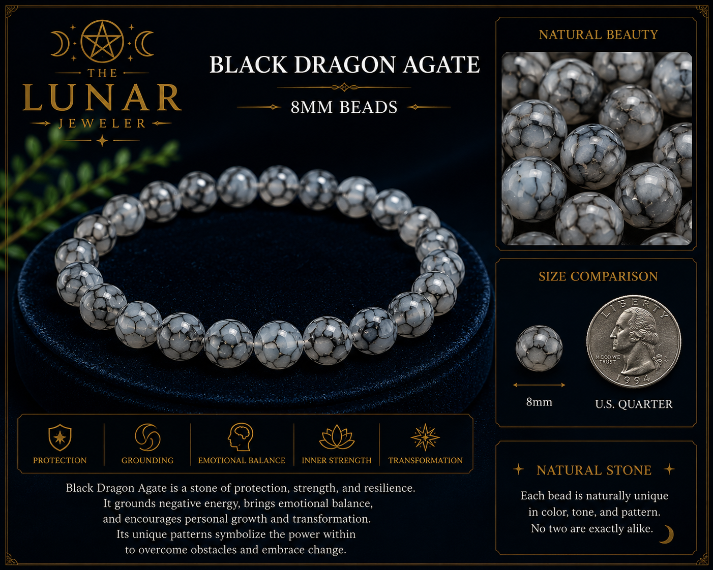 Black Dragon Agate Bracelet – 7.5