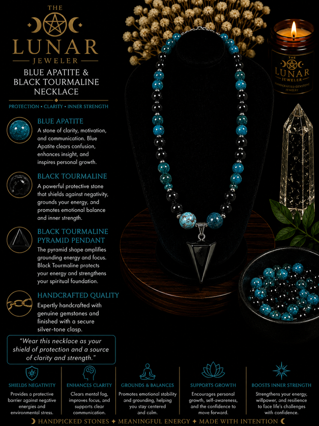 Blue Apatite & Black Tourmaline Beaded Necklace  – 22" Steel Wire Necklace