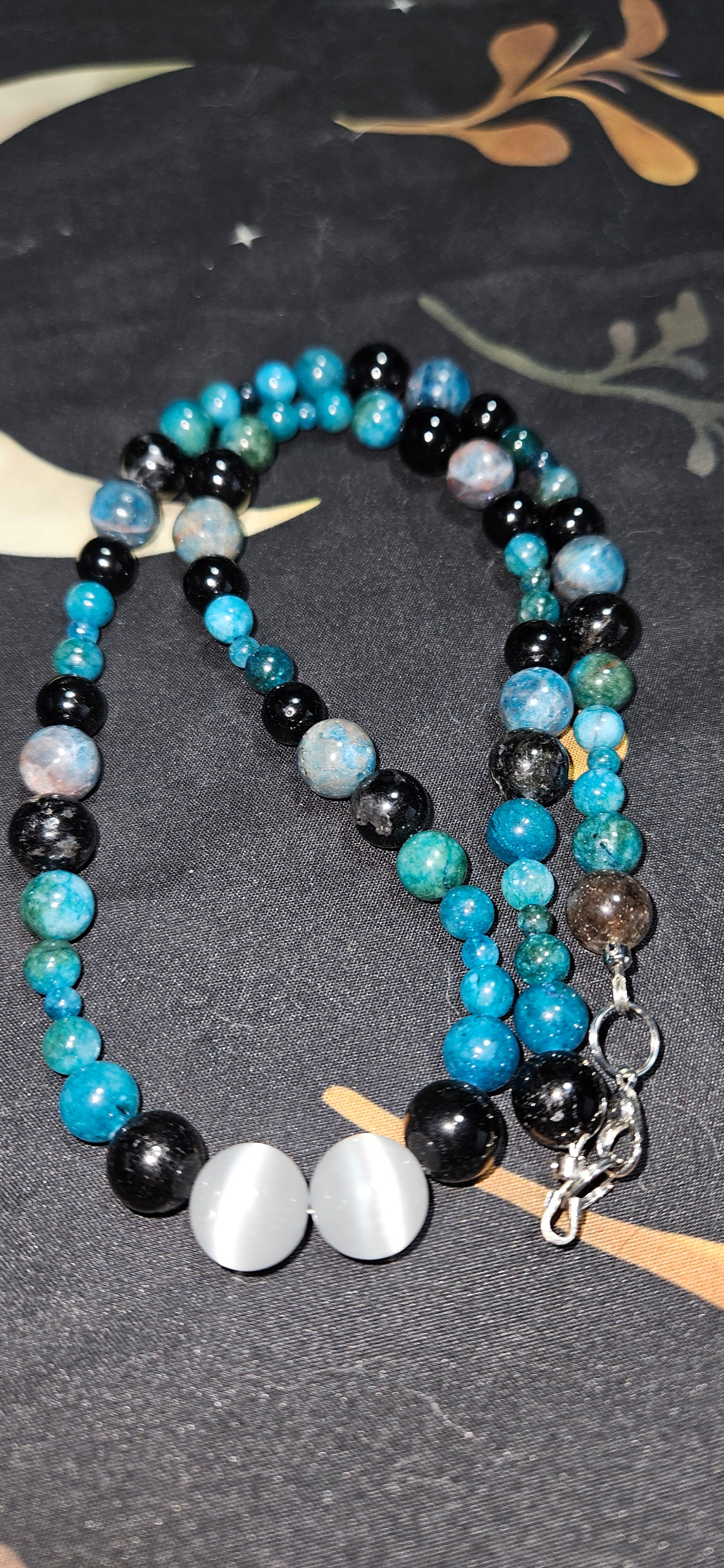 Blue Apatite, Black Tourmaline Necklace with White Cat's Eye