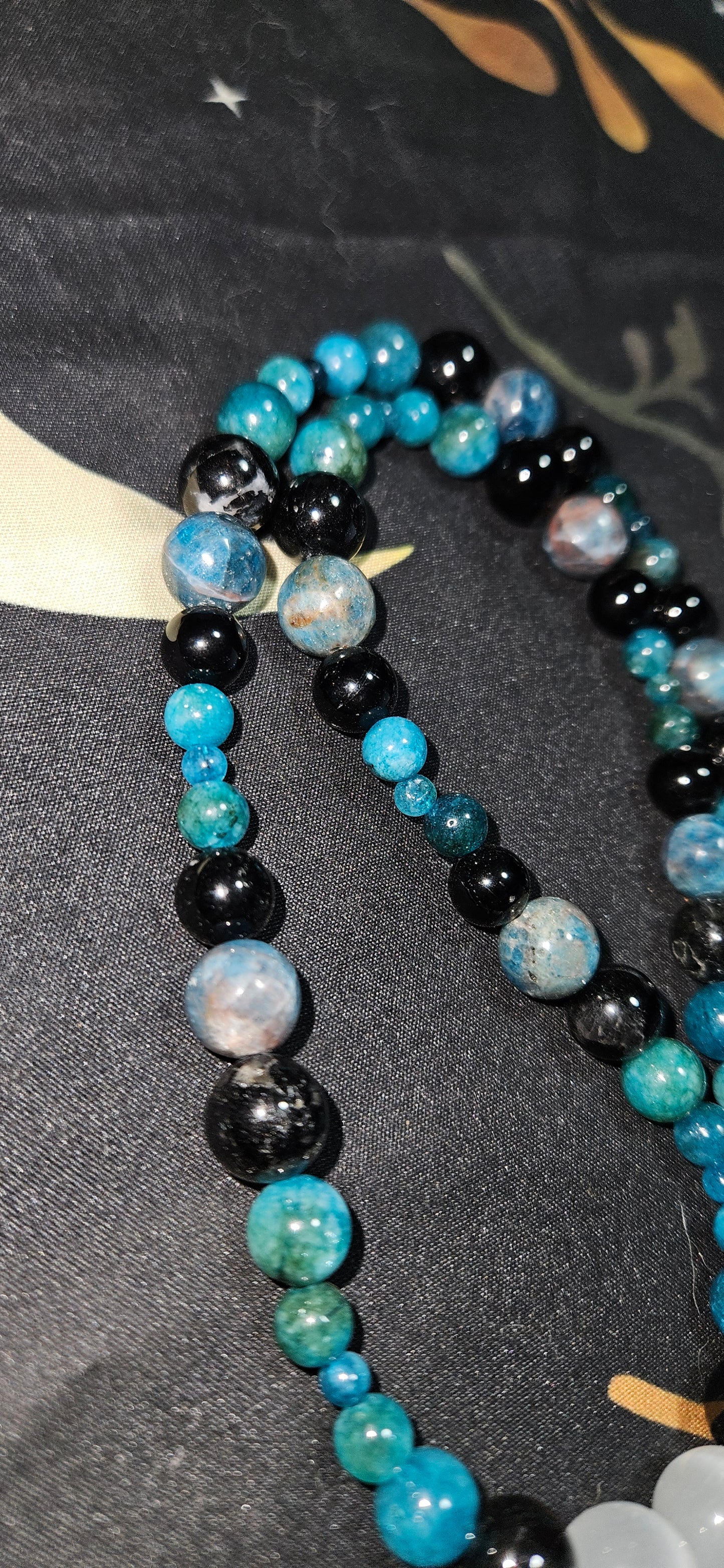 Blue Apatite, Black Tourmaline Necklace with White Cat's Eye