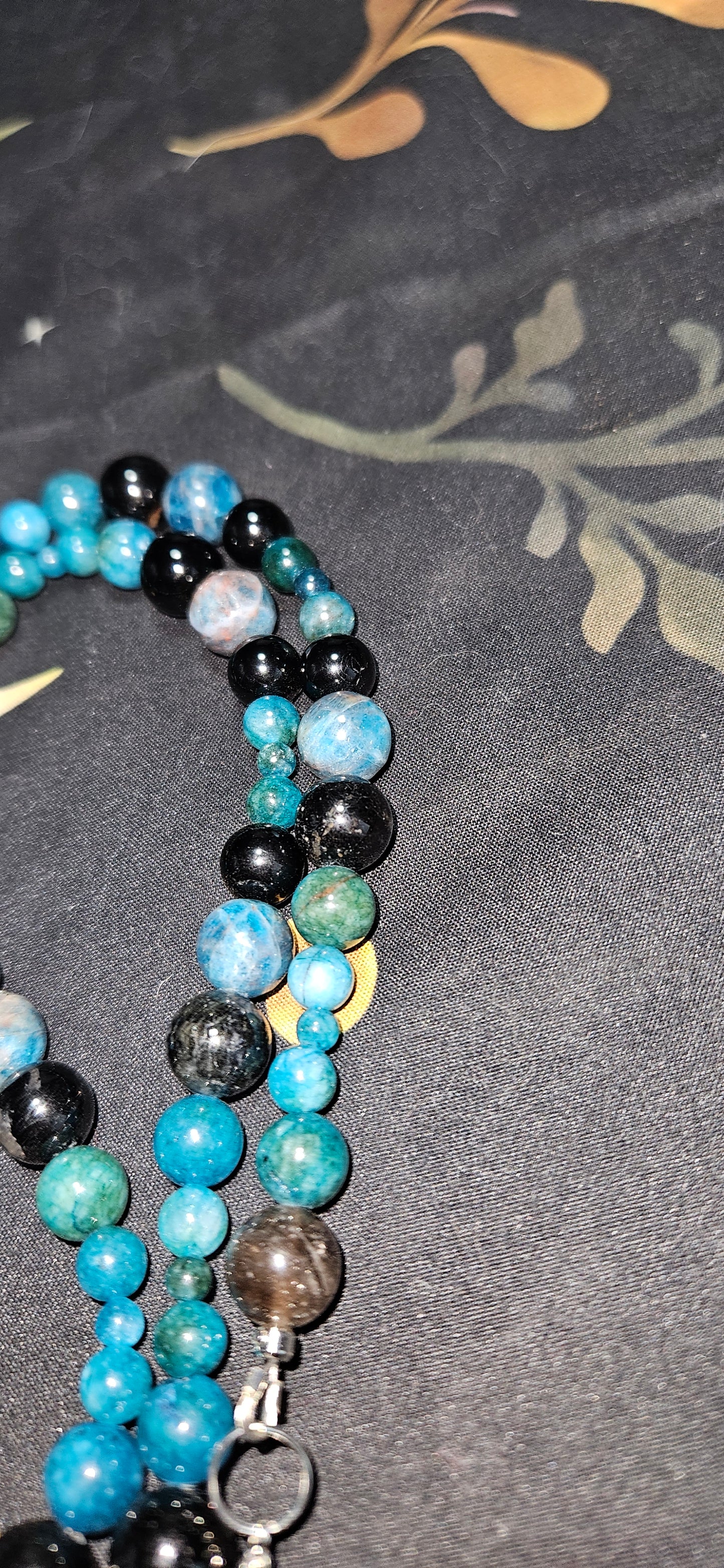 Blue Apatite, Black Tourmaline Necklace with White Cat's Eye