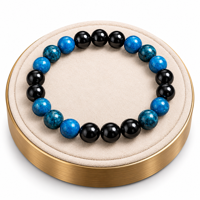 Blue Apatite & Black Tourmaline Bracelet – 7.5" Elastic Bracelet