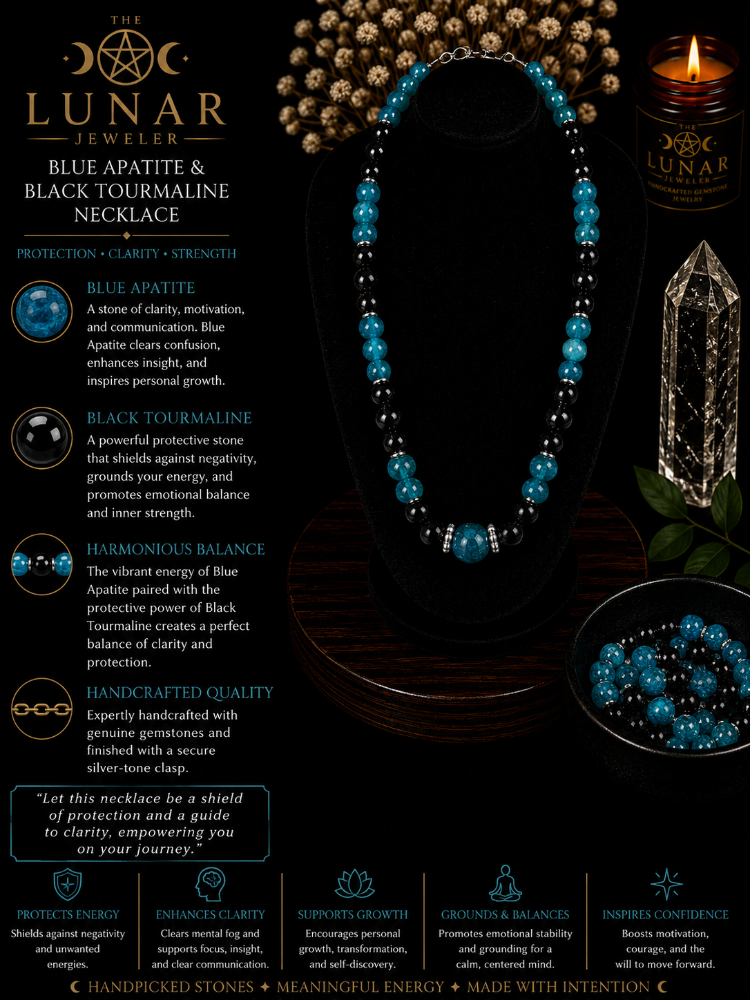 Blue Apatite & Black Tourmaline Beaded Necklace  – 22