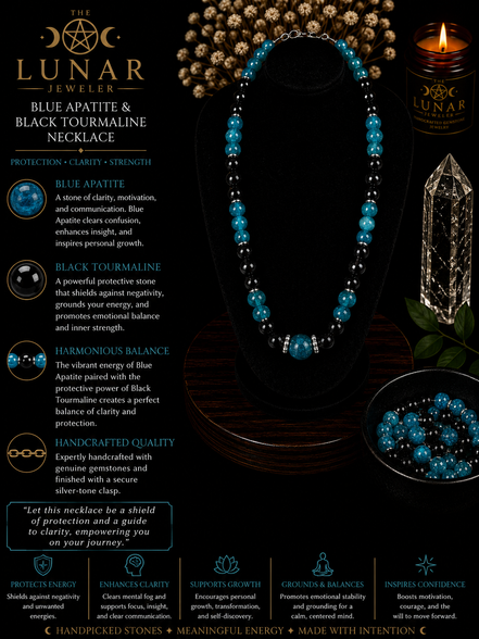 Blue Apatite & Black Tourmaline Beaded Necklace  – 22" Steel Wire Necklace