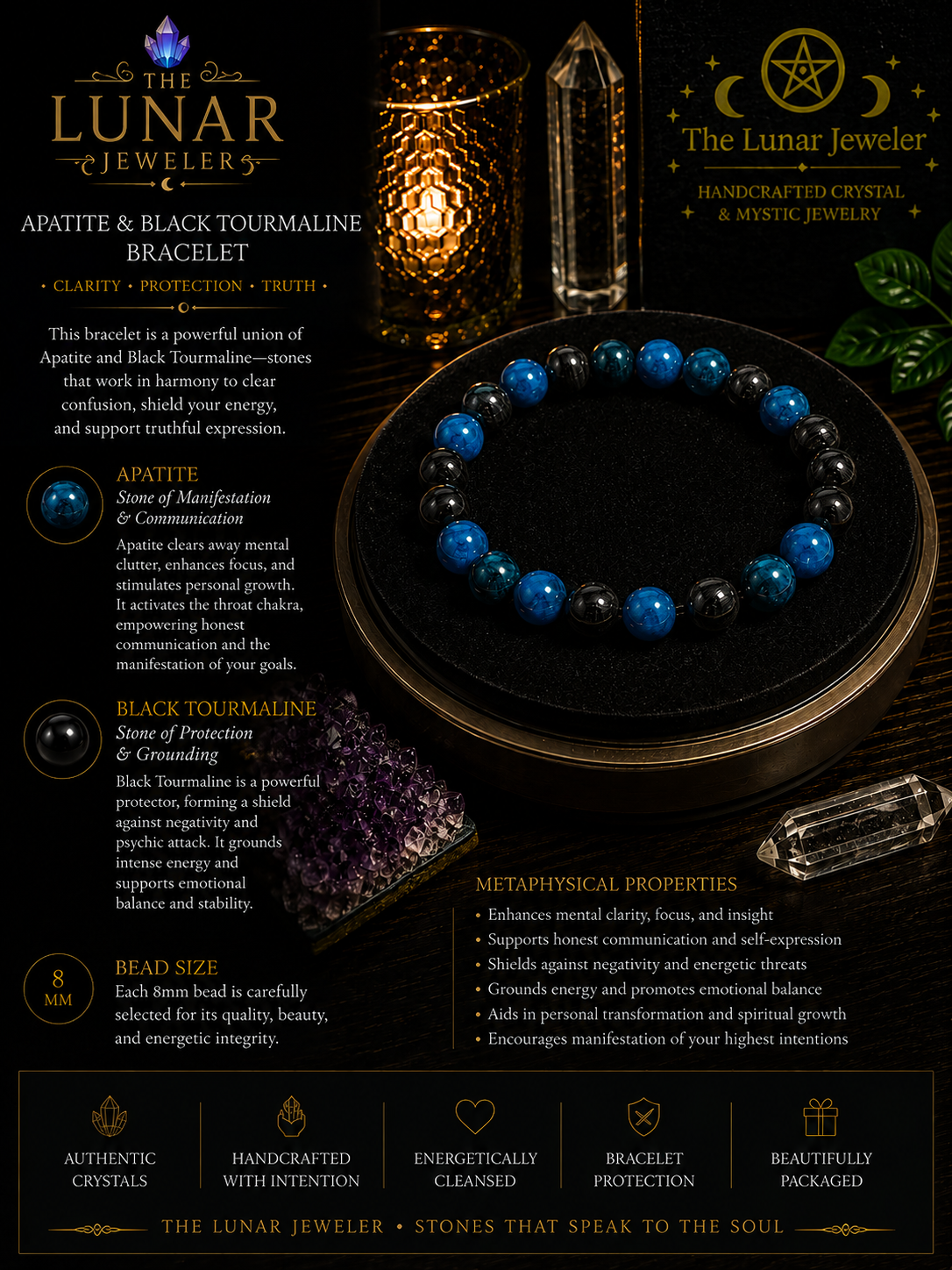 Blue Apatite & Black Tourmaline Bracelet – 7.5