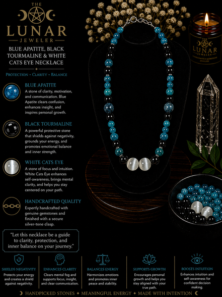 Blue Apatite & Black Tourmaline Beaded Necklace  – 22" Steel Wire Necklace