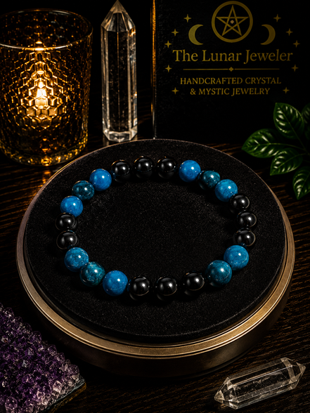 Blue Apatite & Black Tourmaline Bracelet – 7.5" Elastic Bracelet