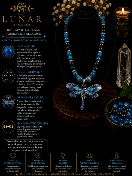 Blue Apatite & Black Tourmaline Beaded Necklace  – 22" Steel Wire Necklace