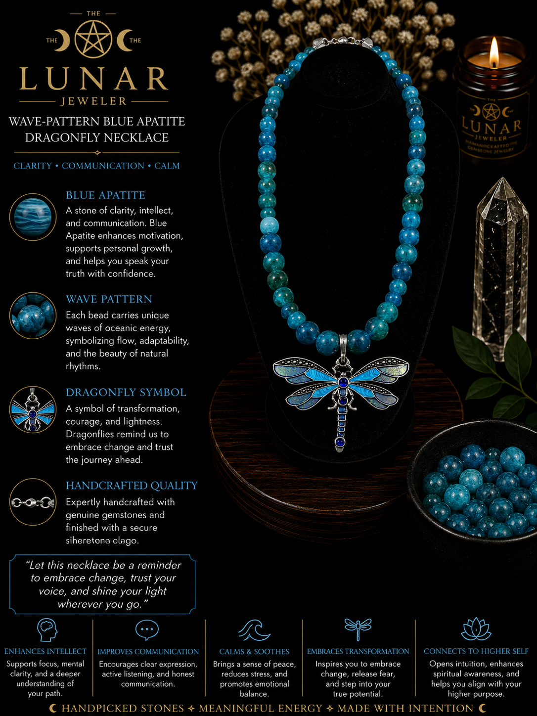 Blue Apatite Wave Beaded Necklace with Blue Dragonfly Pendant – 22" Steel Wire Necklace