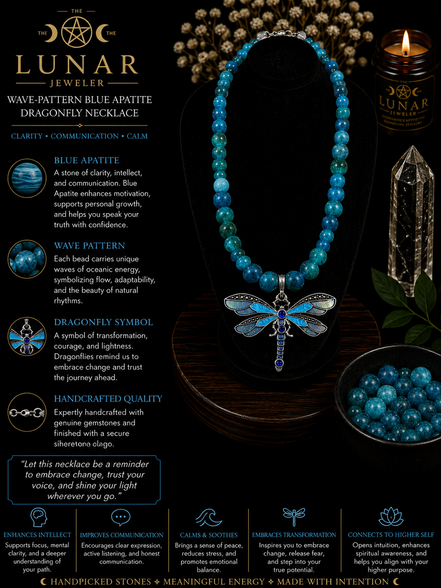 Blue Apatite Wave Beaded Necklace with Blue Dragonfly Pendant – 22" Steel Wire Necklace