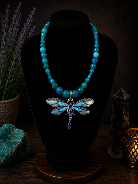 Blue Apatite Wave Beaded Necklace with Blue Dragonfly Pendant – 22" Steel Wire Necklace