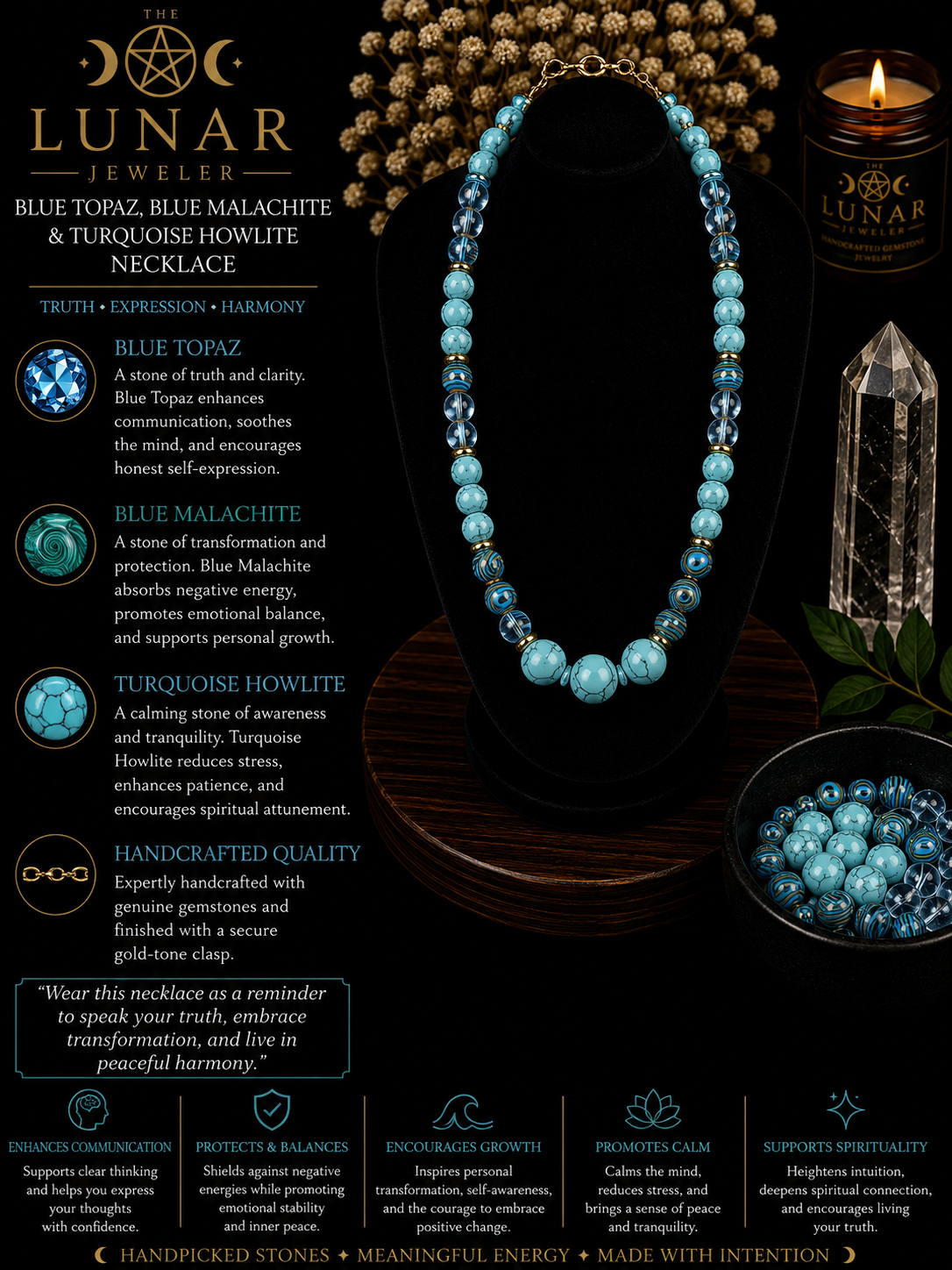 Blue Topaz, Blue Malachite & Turquoise Howlite Beaded Necklace – 22" Steel Wire Necklace