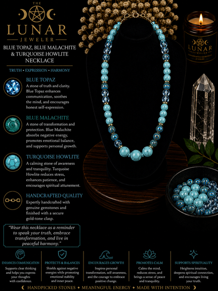 Blue Topaz, Blue Malachite & Turquoise Howlite Beaded Necklace – 22" Steel Wire Necklace