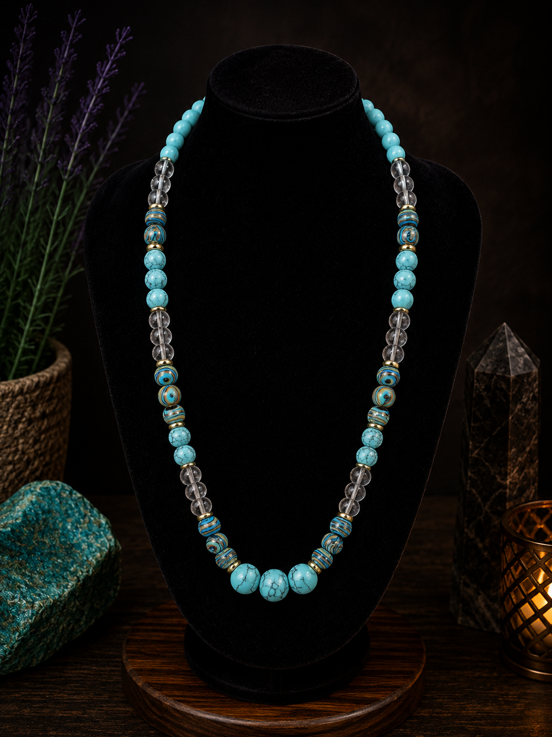 Blue Topaz, Blue Malachite & Turquoise Howlite Beaded Necklace – 22