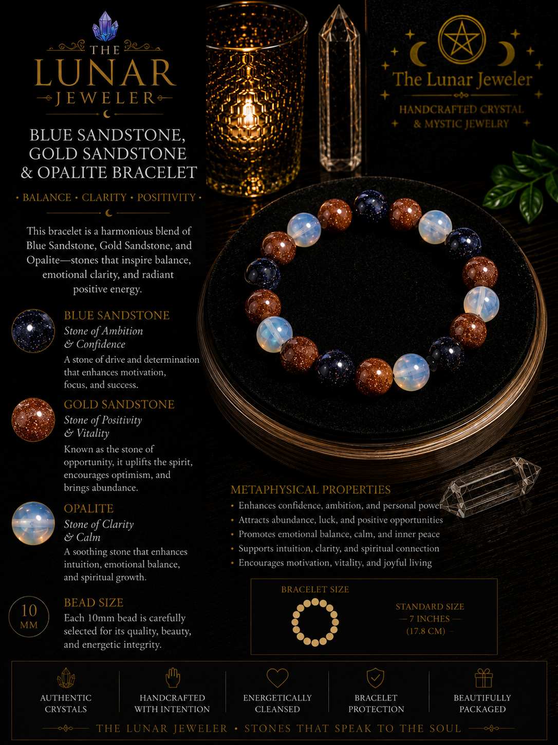Blue Sandstone, Gold Sandstone & Opalite Bracelet – 7.5