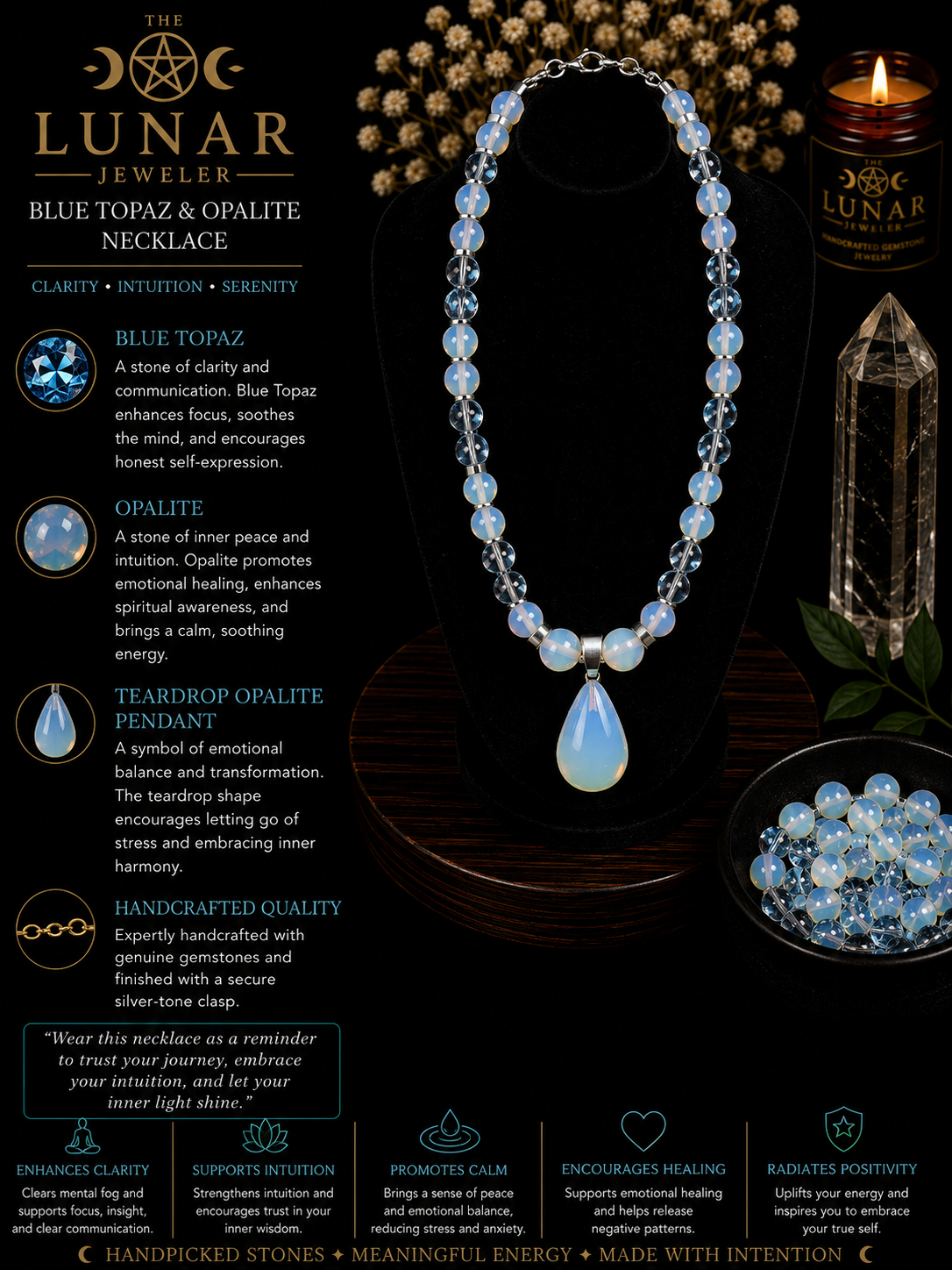Blue Topaz & Opalite Beaded Necklace with Opalite Teardrop Pendant – 22