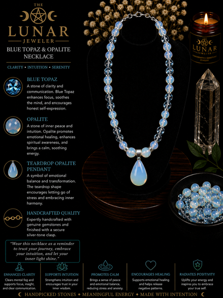 Blue Topaz & Opalite Beaded Necklace with Opalite Teardrop Pendant – 22" Steel Wire Necklace