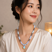 Blue Topaz & Opalite Beaded Necklace with Opalite Teardrop Pendant – 22